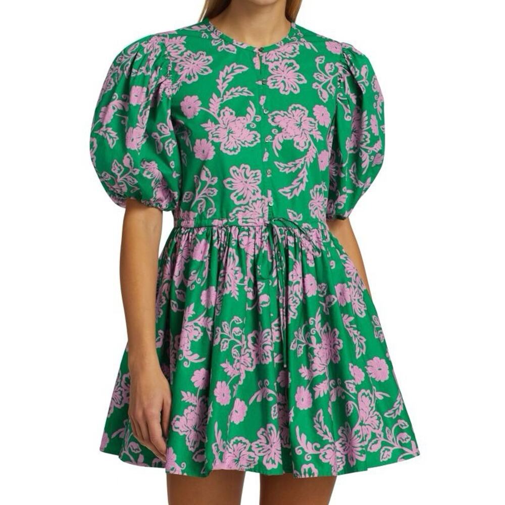 XIRENA Aurie Cotton Puff-Sleeve Mini Dress In Green Pink Size M